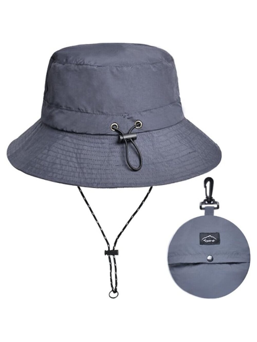 Unisex Grey 100% Nylon Wide Brim Uv Protection Chin Strap Packable Bucket Hat